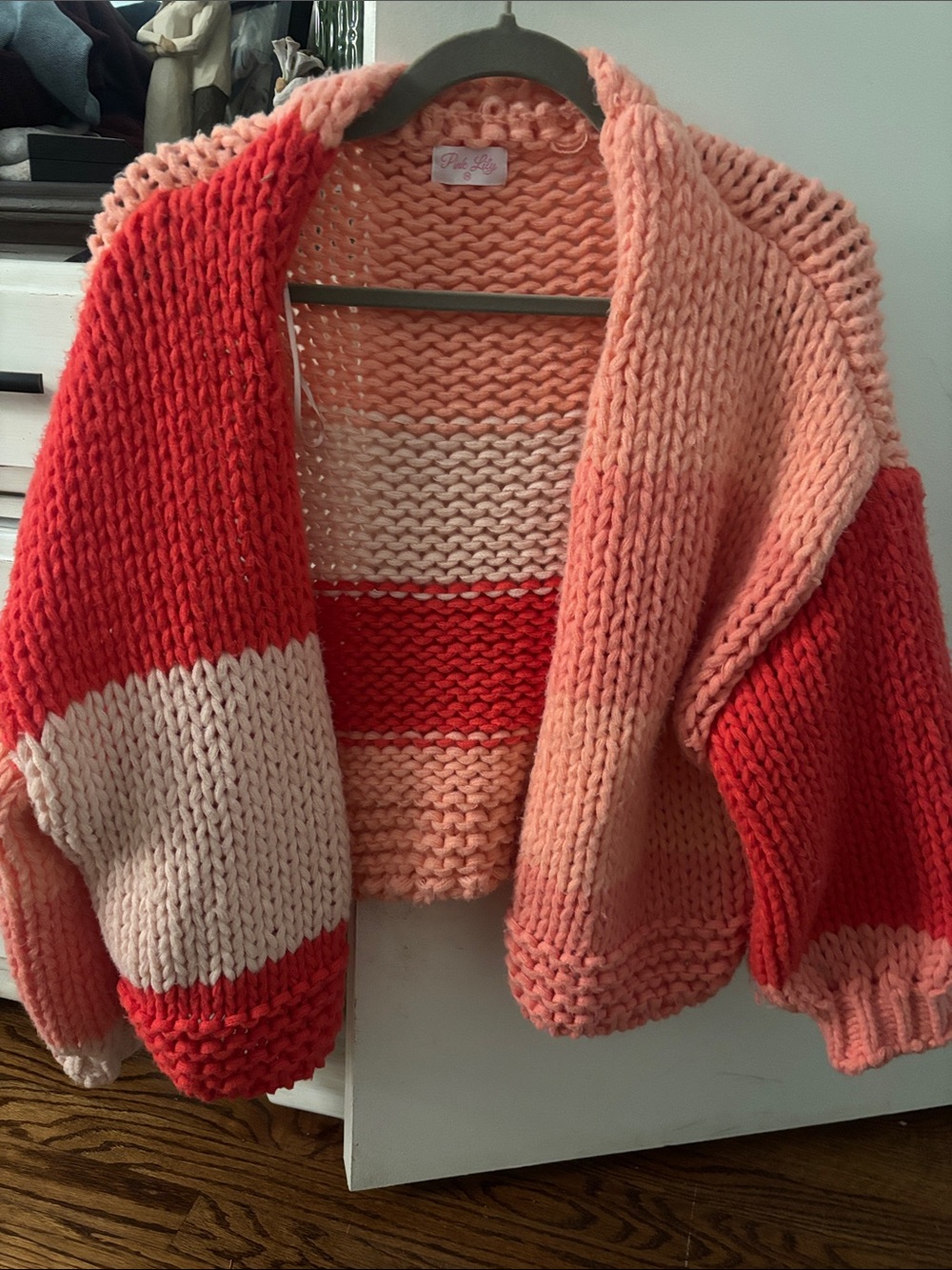 Pink Lily Coral & Peach Chunky Stripe Open Cardigan